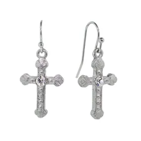 1928 Jewelry Crystal Accent Ornate Silver Tone Cross Drop Earrings