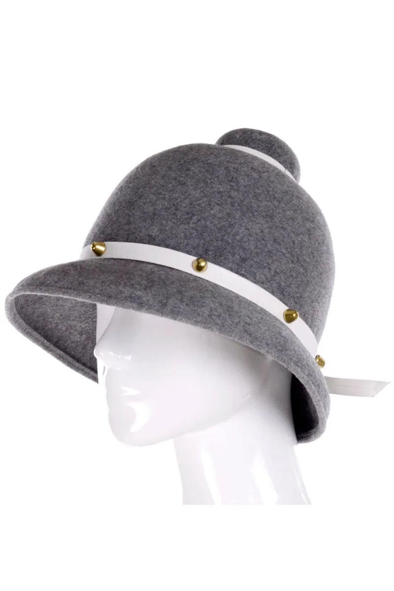 1960s Mr. John Classic Gray Wool Felt Hat With Leather Trim and Brass Studs