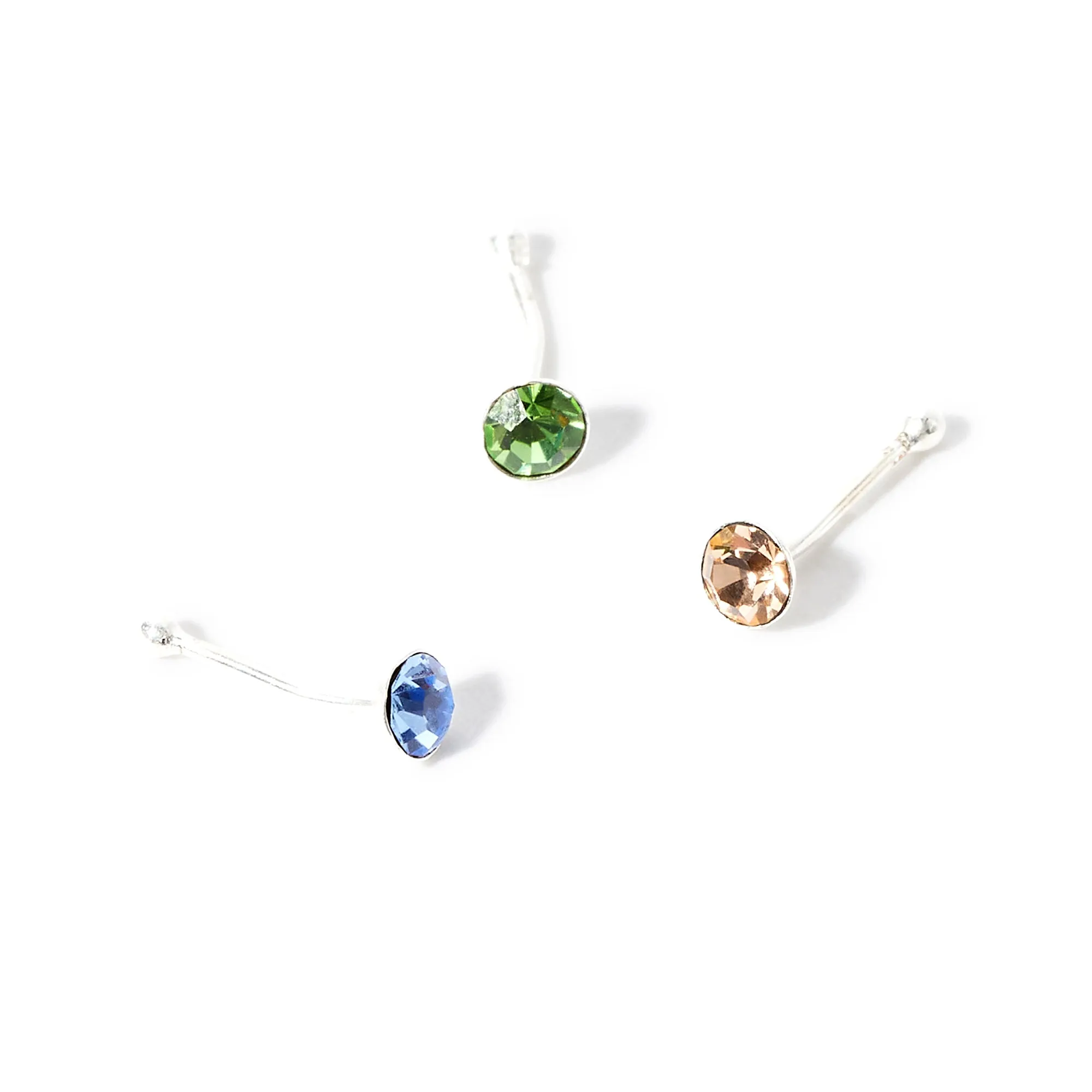 925 Pure Sterling Silver Set Of 3 Pastel Crystal Nose Studs