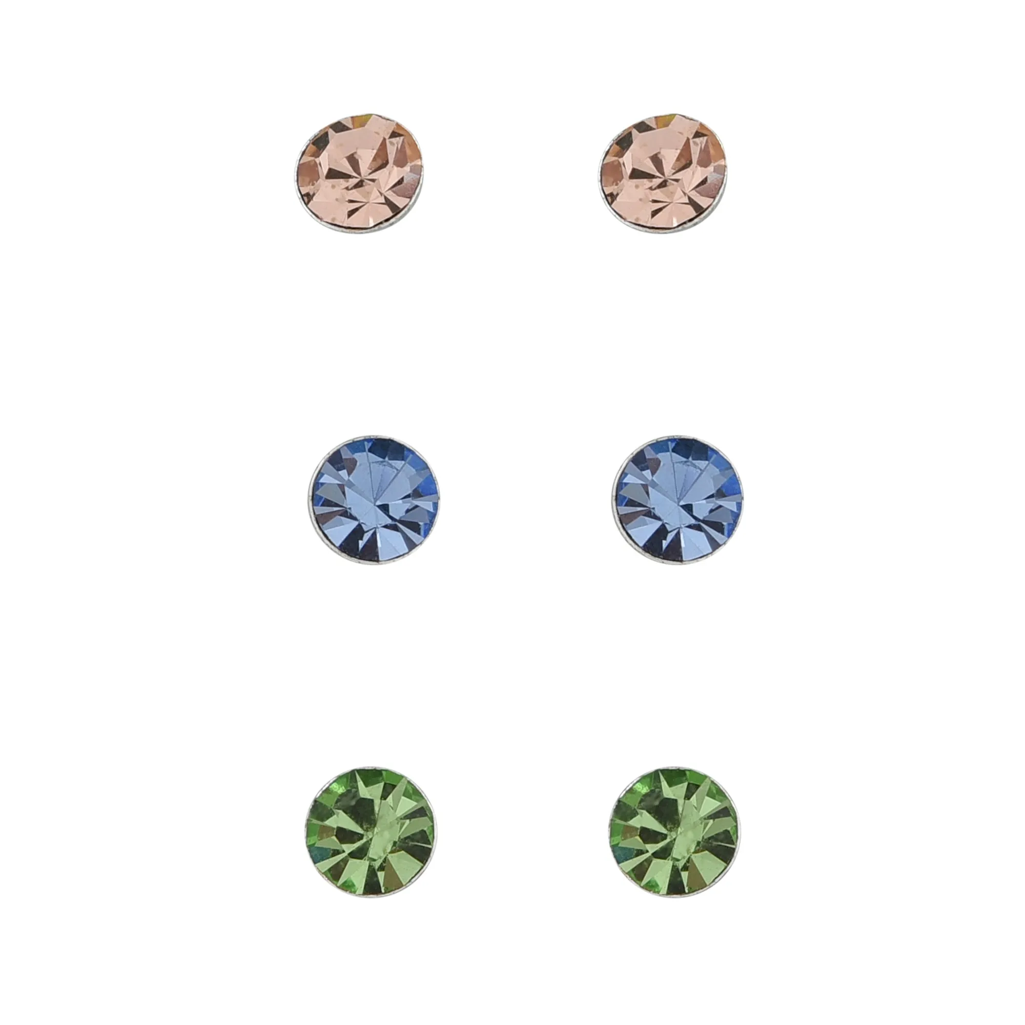 925 Pure Sterling Silver Set Of 3 Pastel Crystal Studs