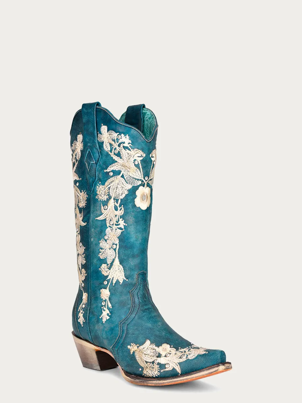 A4361 - WOMEN'S WHITE FLORAL EMBROIDERY WITH CRYSTALS NAVY BLUE SNIP TOE COWBOY BOOT