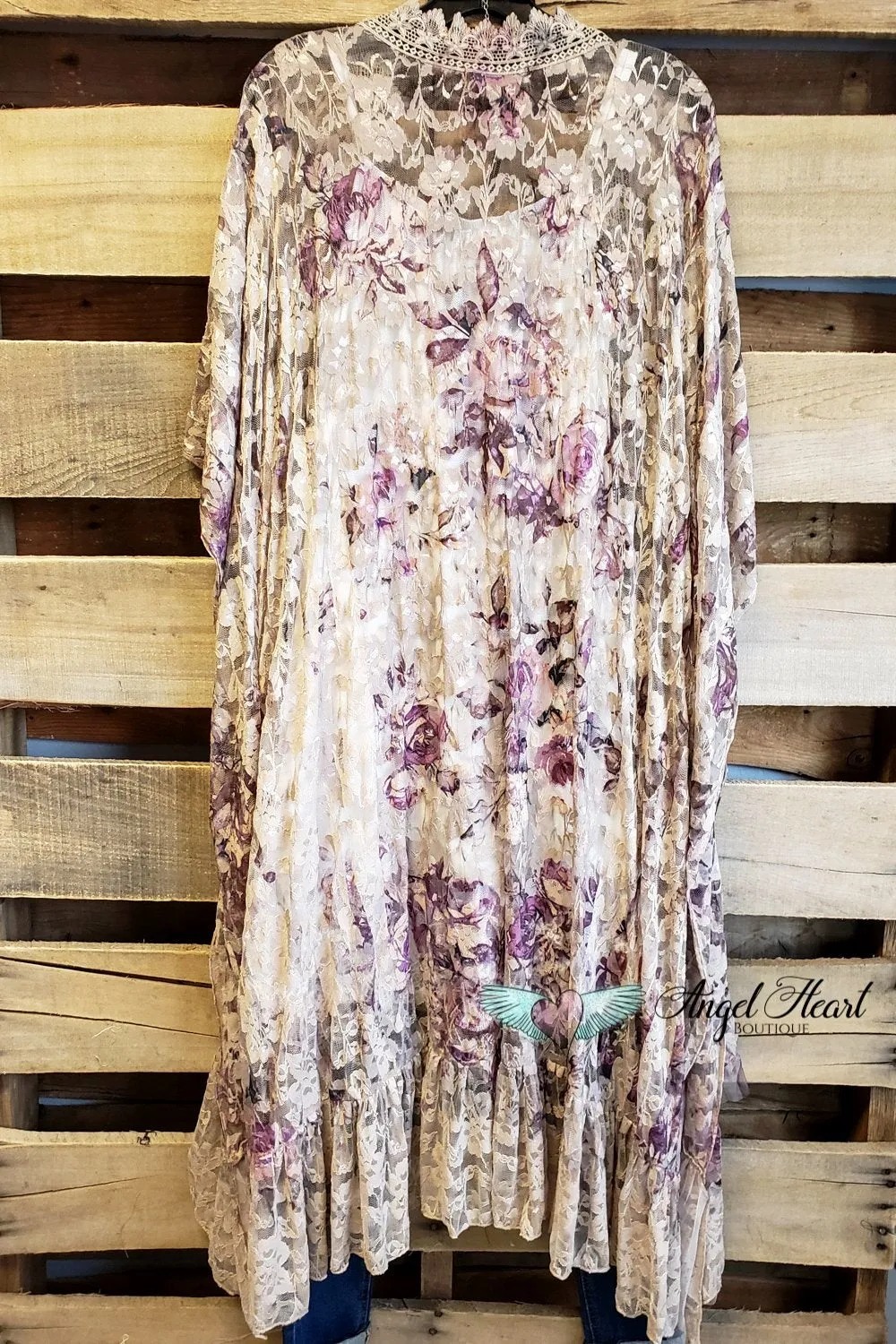 AHB EXCLUSIVE:  One More Time Long Kimono Lace - Taupe/Rose