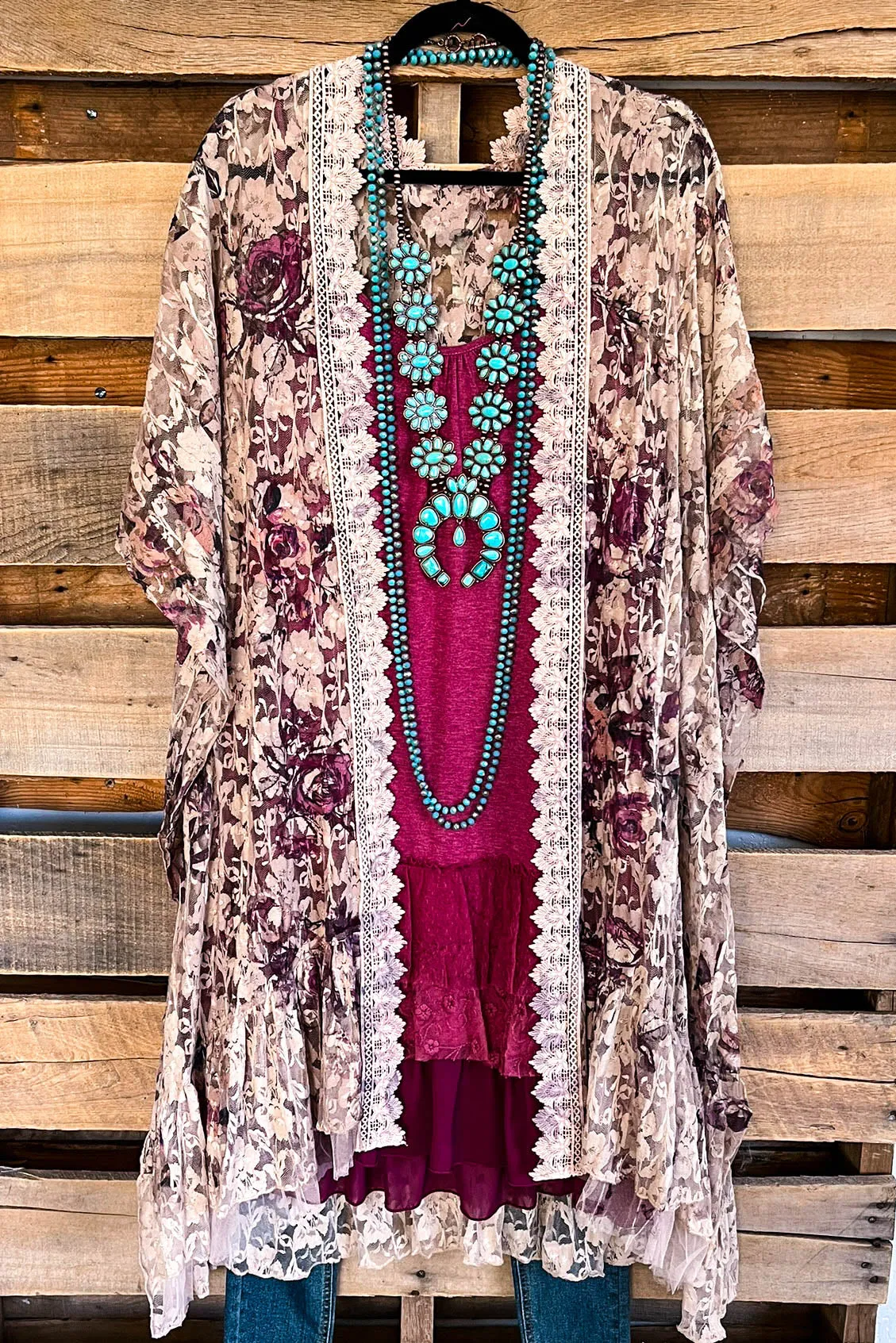 AHB EXCLUSIVE:  One More Time Long Kimono Lace - Taupe/Rose