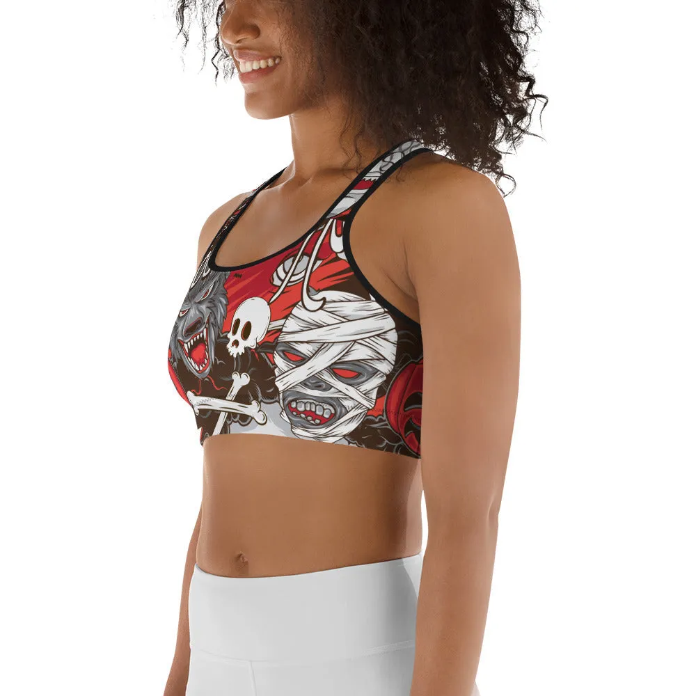 All The Horrors of Halloween Sports Bra