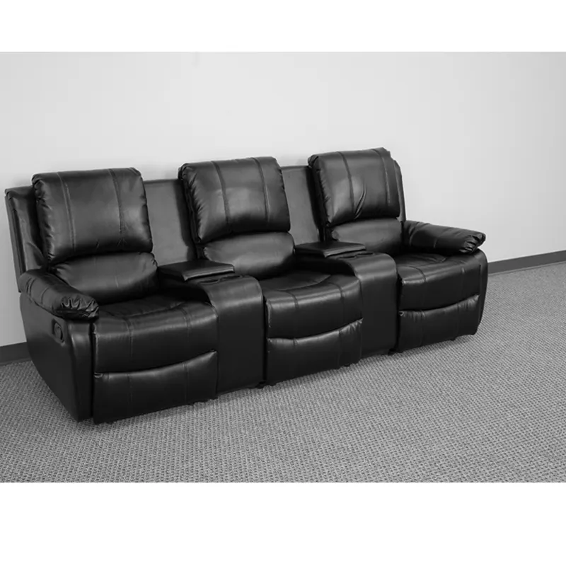 Allure Series 3-Seat Reclining Pillow Back Black LeatherSoft Theater Seating Unit with Cup Holders - BT-70295-3-BK-GG