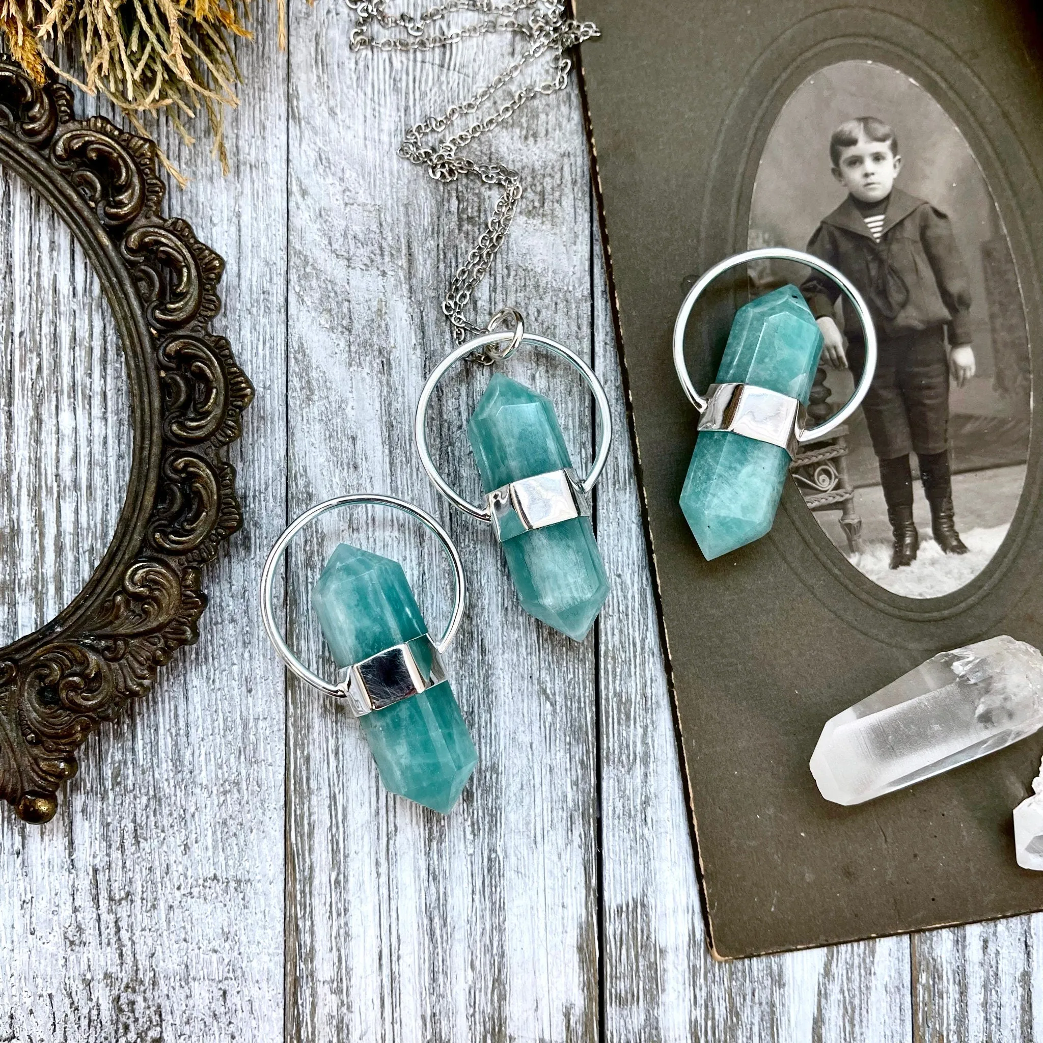 Amazonite Crystal Point Necklace in Sterling Silver, Blue Amazonite Pendant  -Designed by FOXLARK Collection