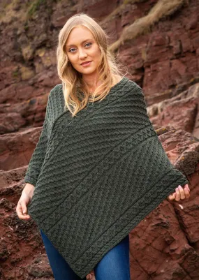 Aran Merino Wool V Poncho | Army Green