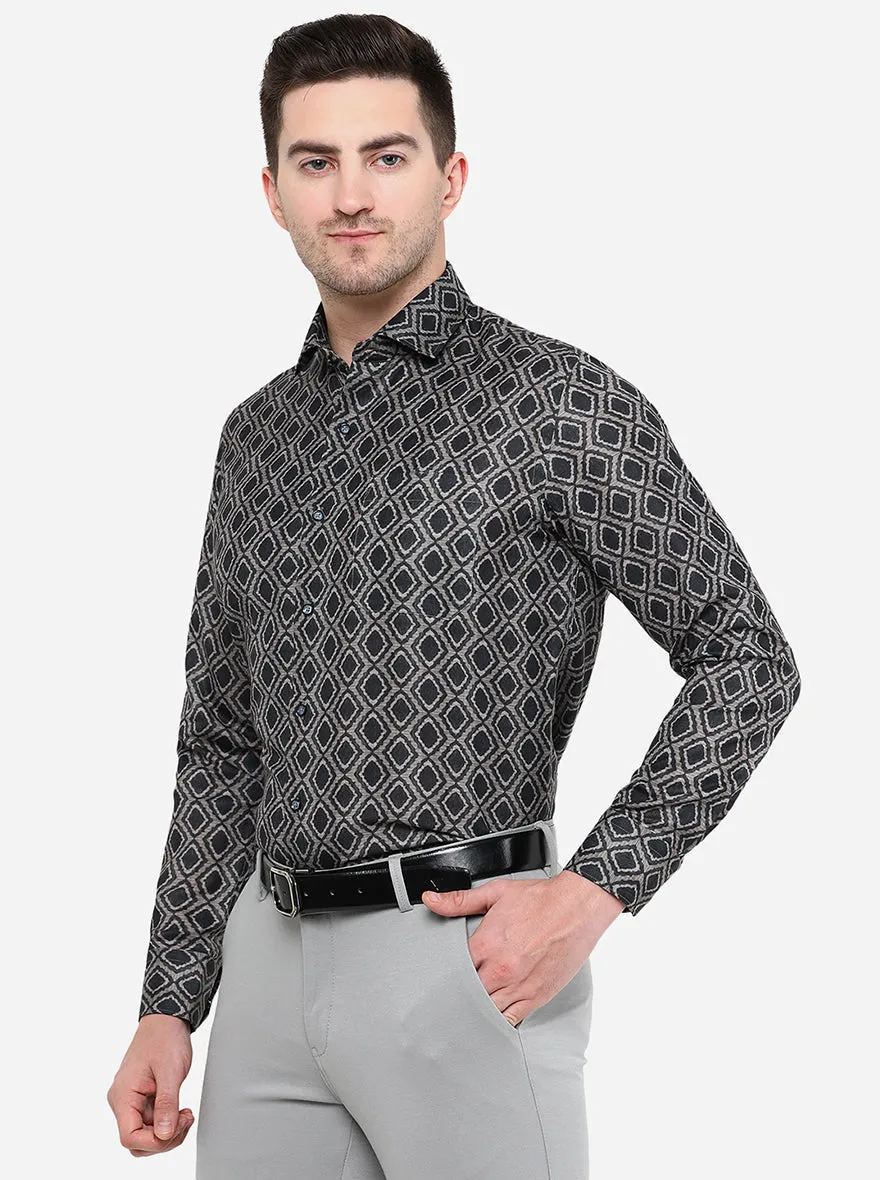 Black & Grey Printed Slim Fit Party Wear Shirt | Greenfibre