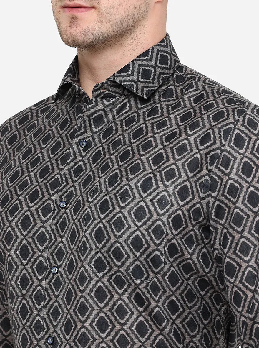 Black & Grey Printed Slim Fit Party Wear Shirt | Greenfibre