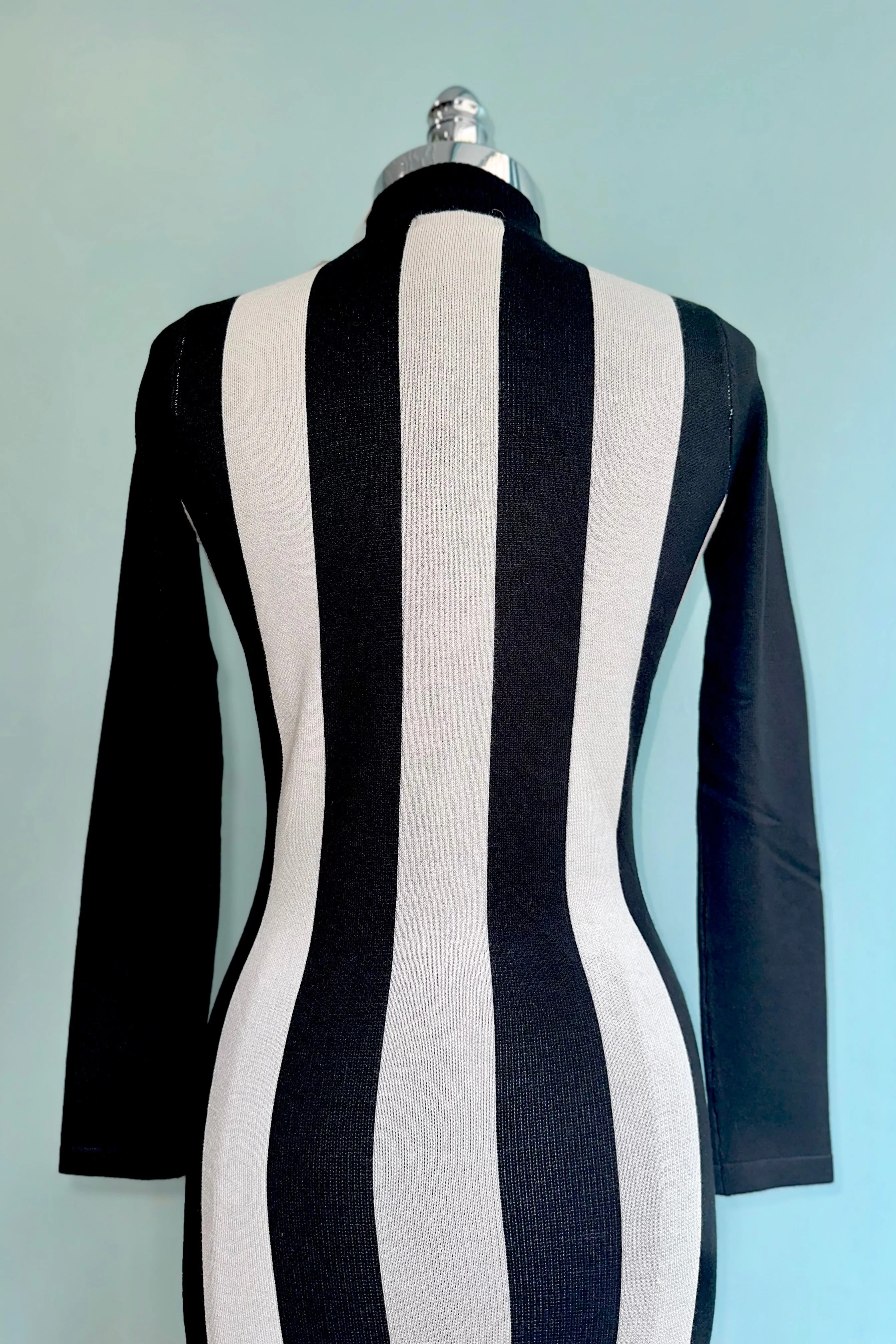 Black and White Striped Knit Body Con Midi Dress by Banned