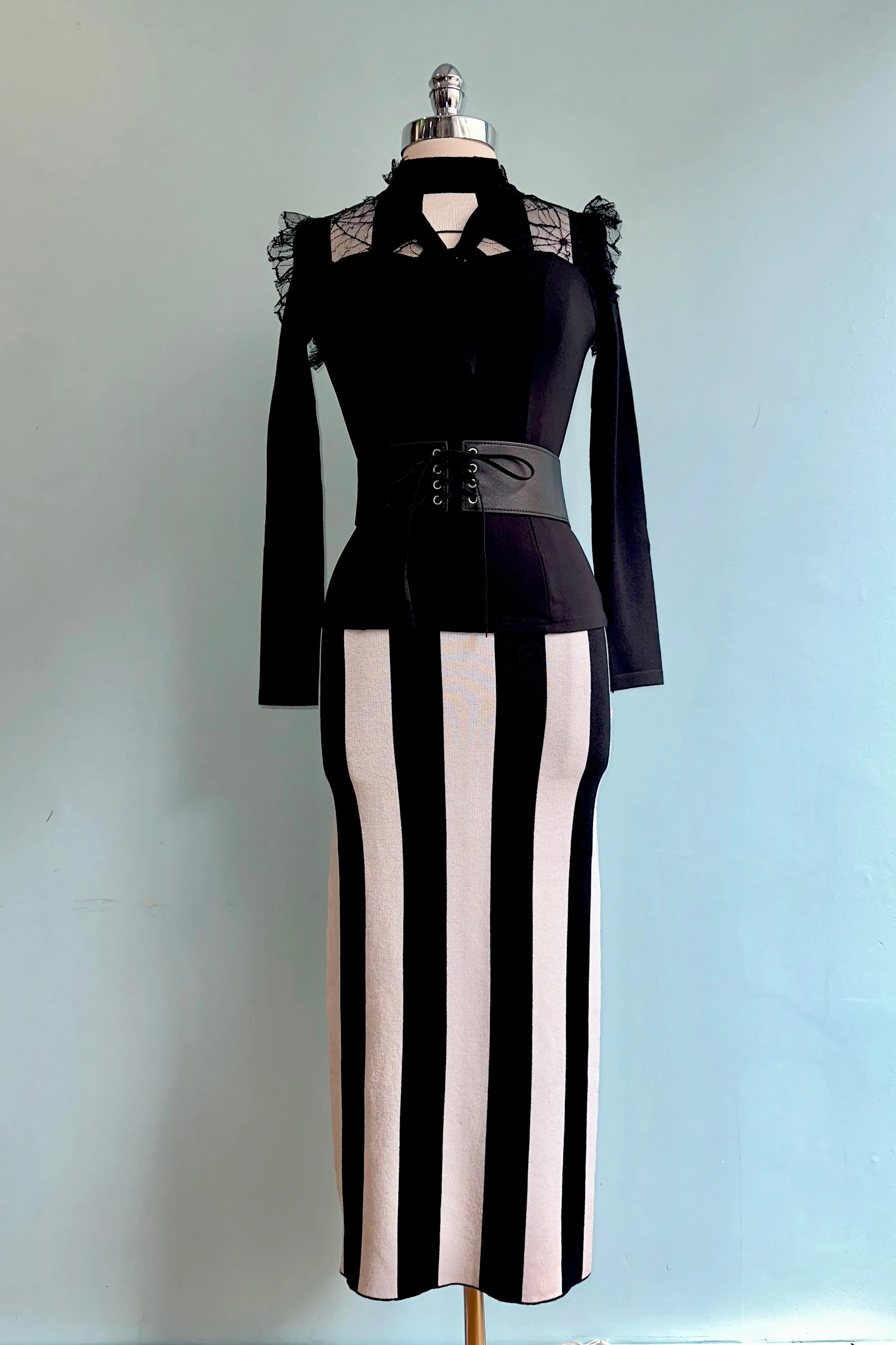 Black and White Striped Knit Body Con Midi Dress by Banned