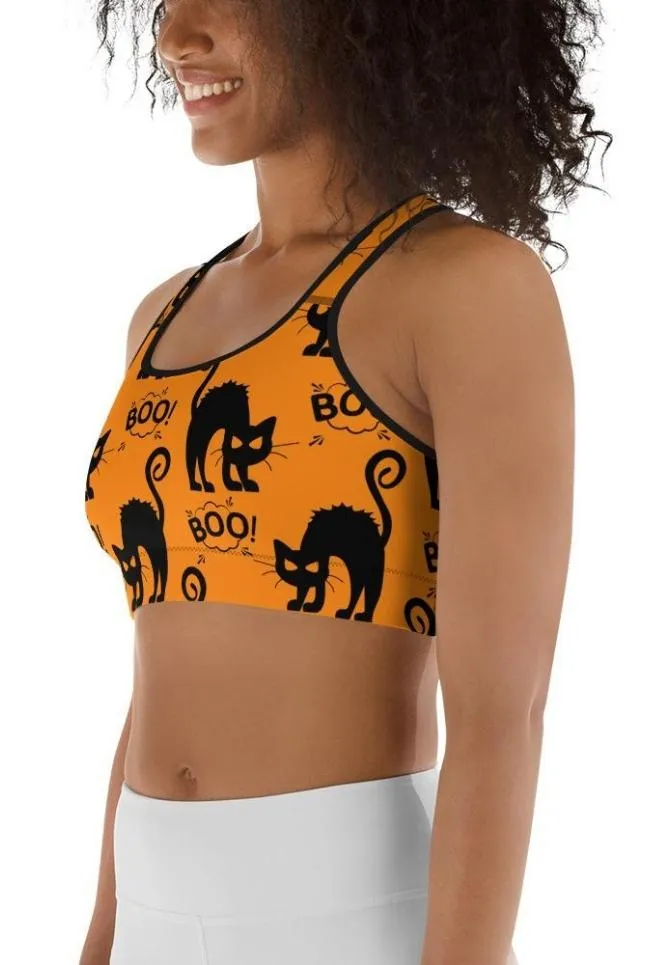 Black Kitty Halloween Sports Bra