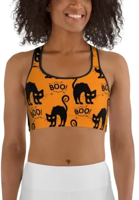 Black Kitty Halloween Sports Bra