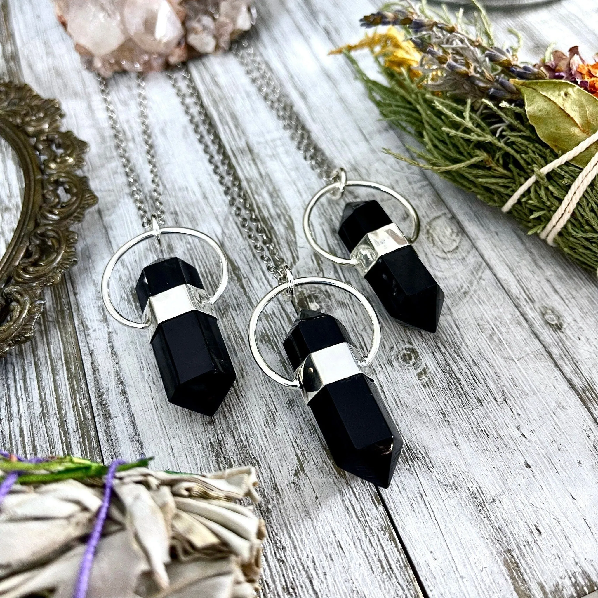 Black Onyx Crystal Point Necklace in Sterling Silver  -Designed by FOXLARK Collection / Witchy Necklace Goth Jewelry