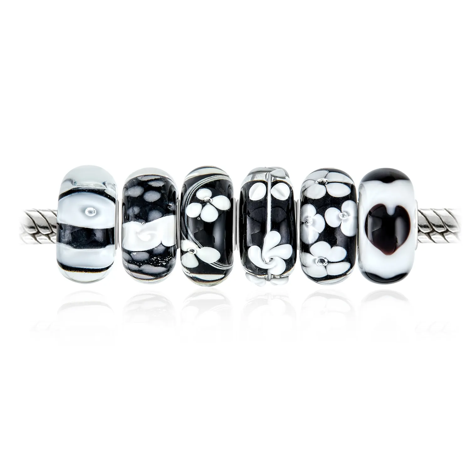 Black White Murano Glass Bead Charm Spot Bundle Set Sterling Silver