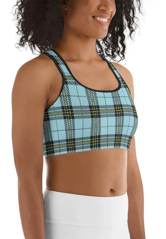 Blue Plaid Print Sports Bra