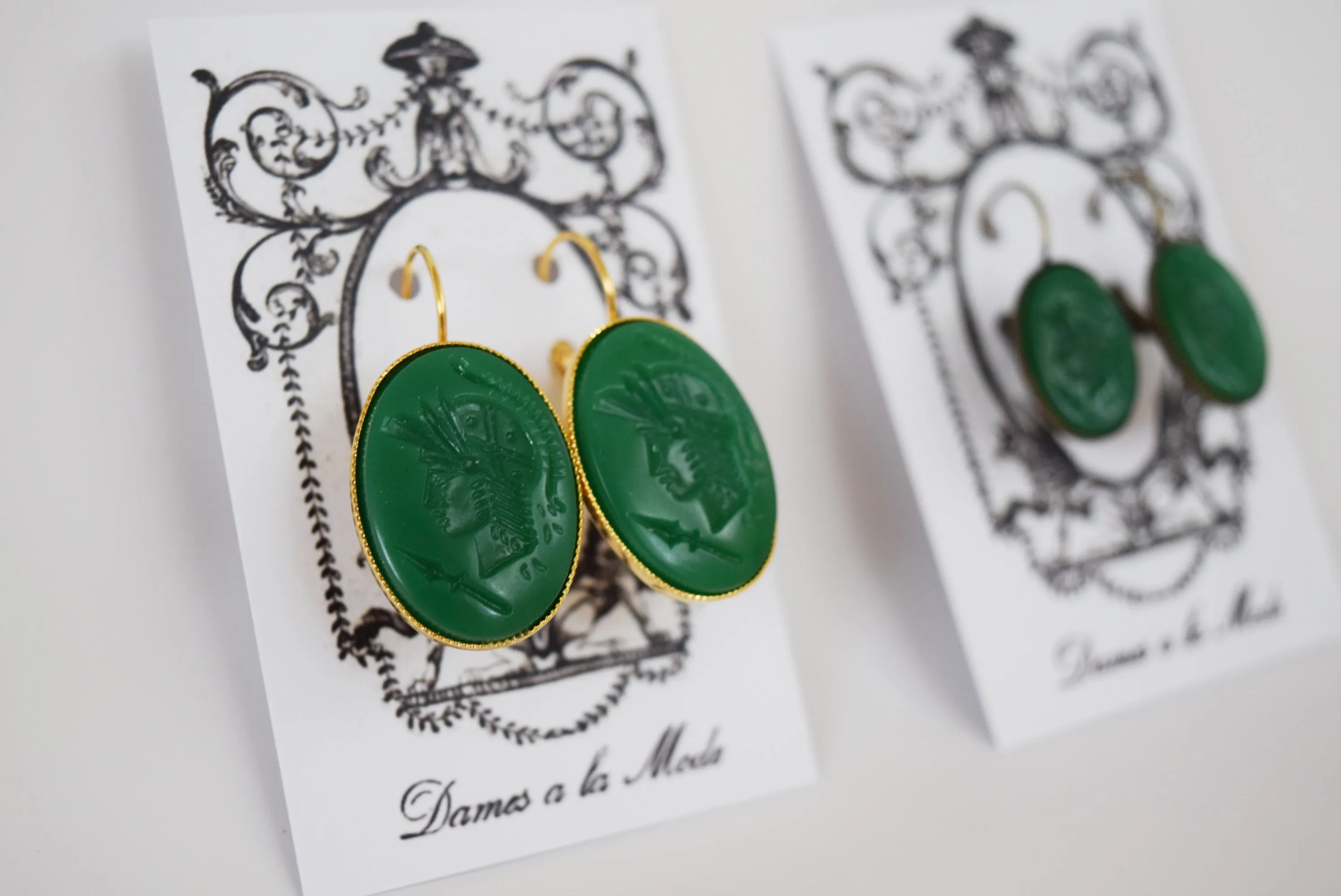 Cameo Earrings - Green Warrior Silhouette