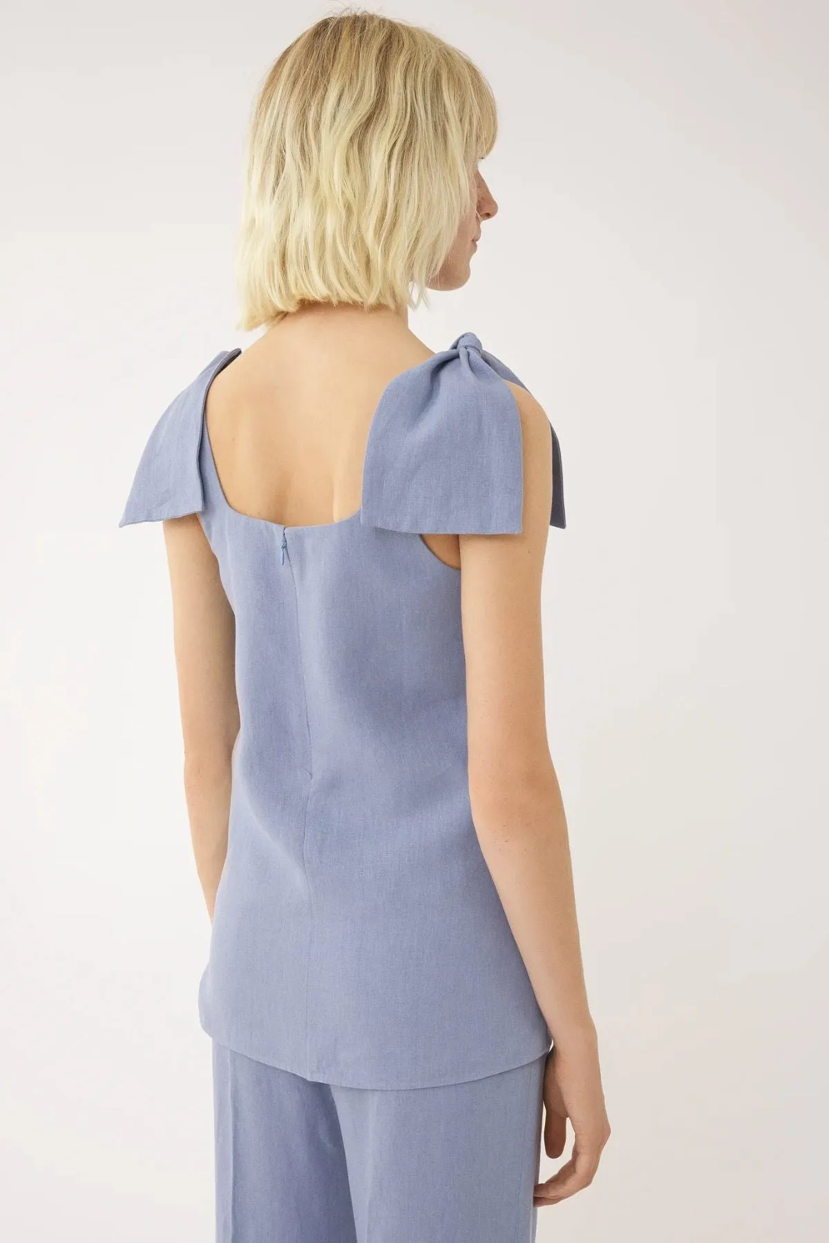 Chloé Linen Canvas Bow Shoulder Top - Pebble Blue