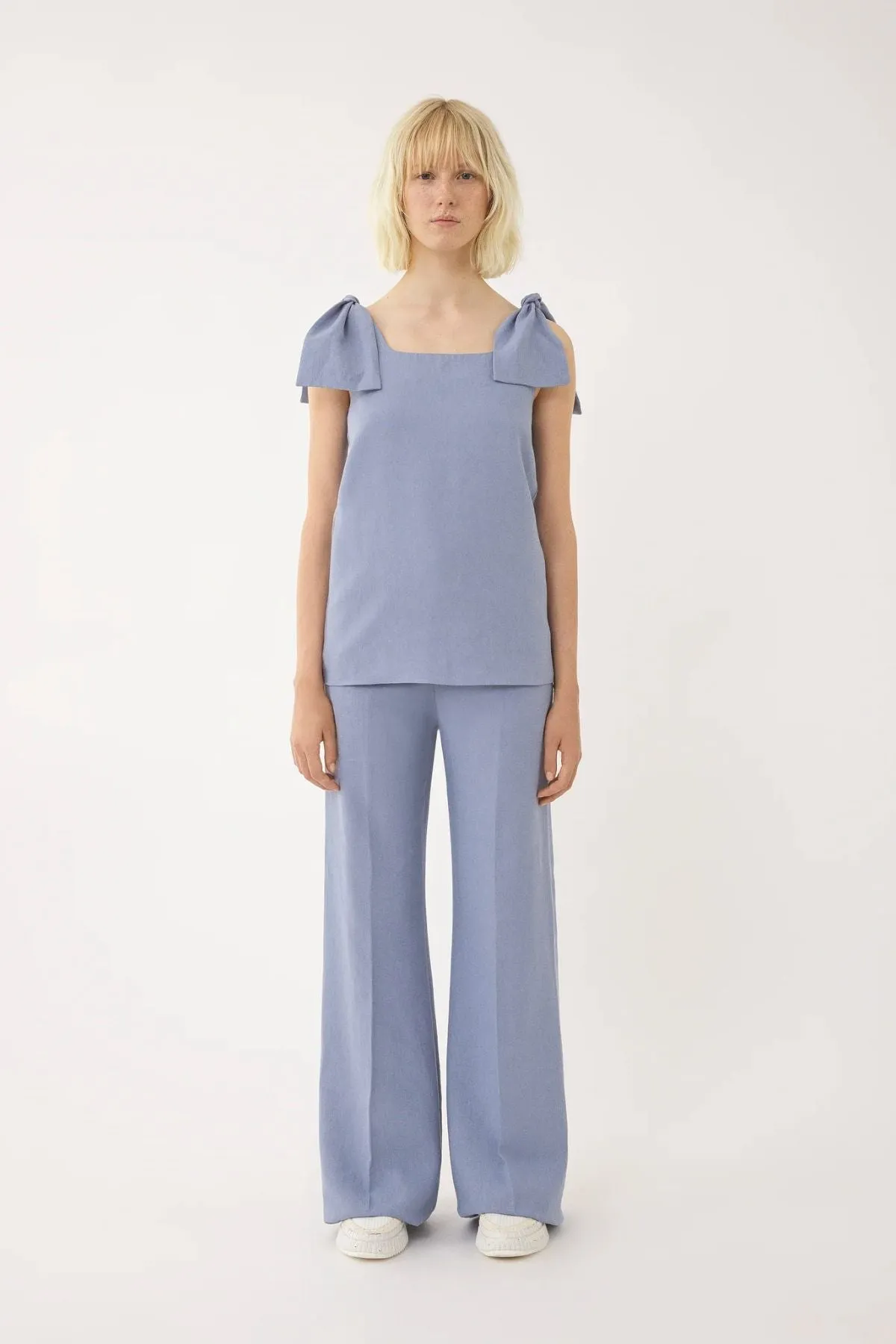 Chloé Linen Canvas Bow Shoulder Top - Pebble Blue