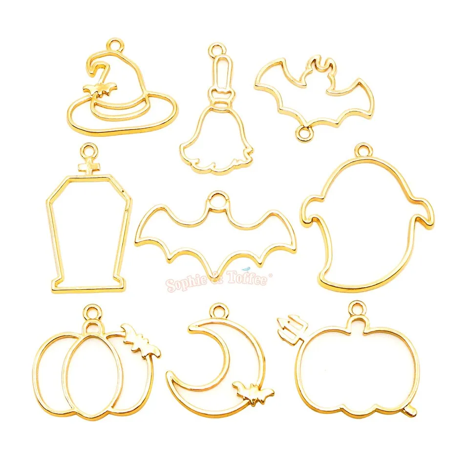 Creepy Cute Halloween Open Bezel Gold Charms (9 pieces)