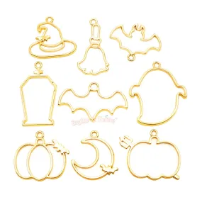 Creepy Cute Halloween Open Bezel Gold Charms (9 pieces)