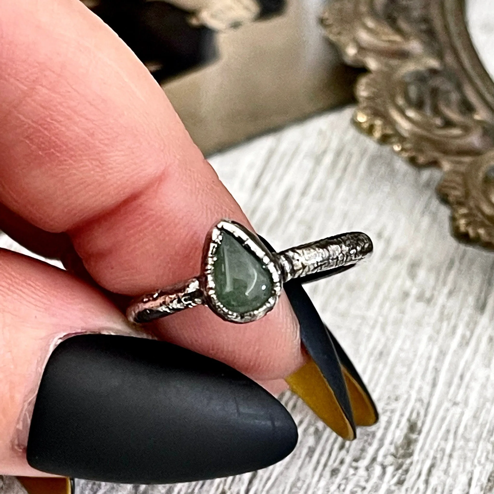 Dainty Teardrop Green Aventurine Ring Fine Silver Size 5 6 7 8 9 10 Foxlark Collection /