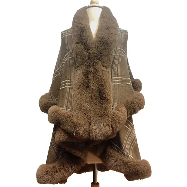 Elegant Faux Fur Trim Plaid Knit Ruana Poncho Cape