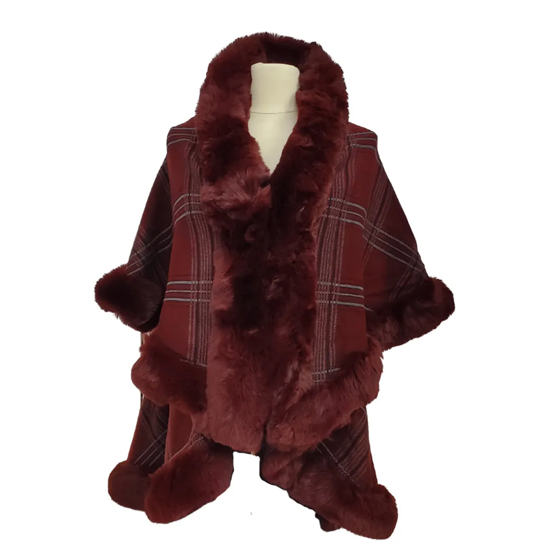 Elegant Faux Fur Trim Plaid Knit Ruana Poncho Cape