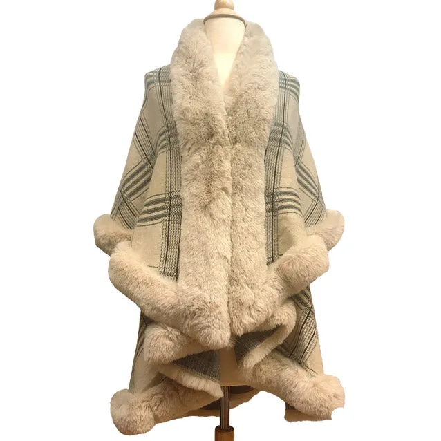 Elegant Faux Fur Trim Plaid Knit Ruana Poncho Cape