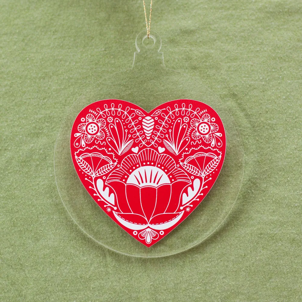 Folk art heart Christmas ornament, red Fraktur heart holiday ornament, colorful tree ornament