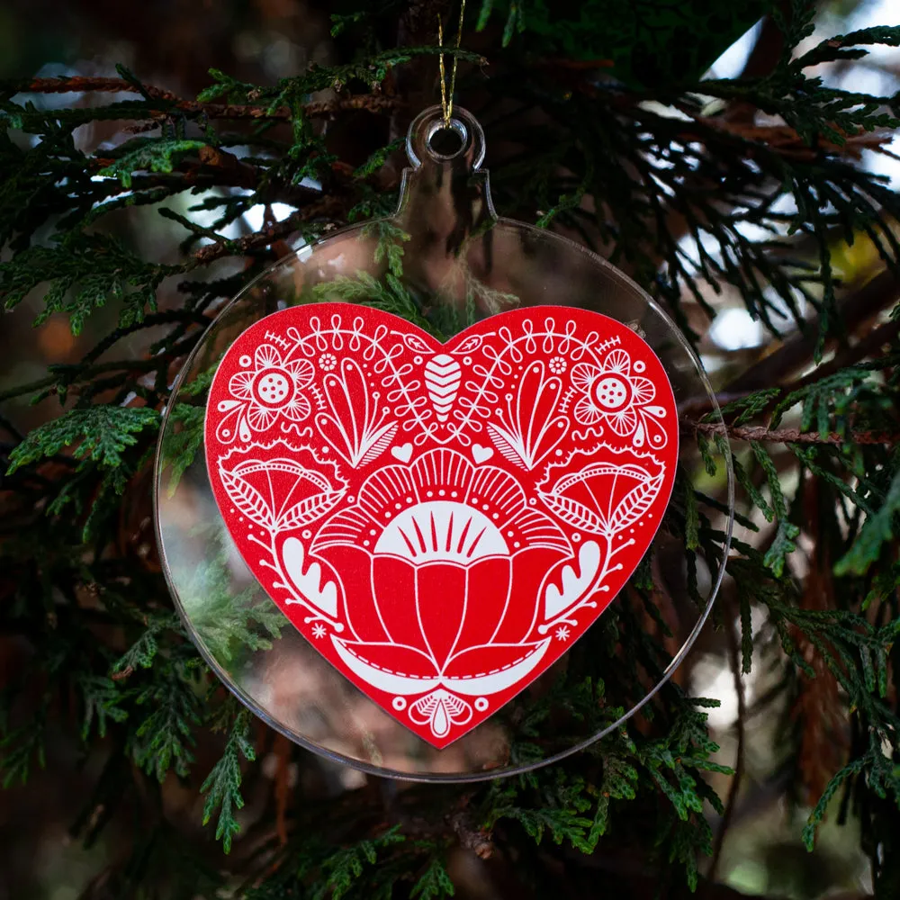 Folk art heart Christmas ornament, red Fraktur heart holiday ornament, colorful tree ornament