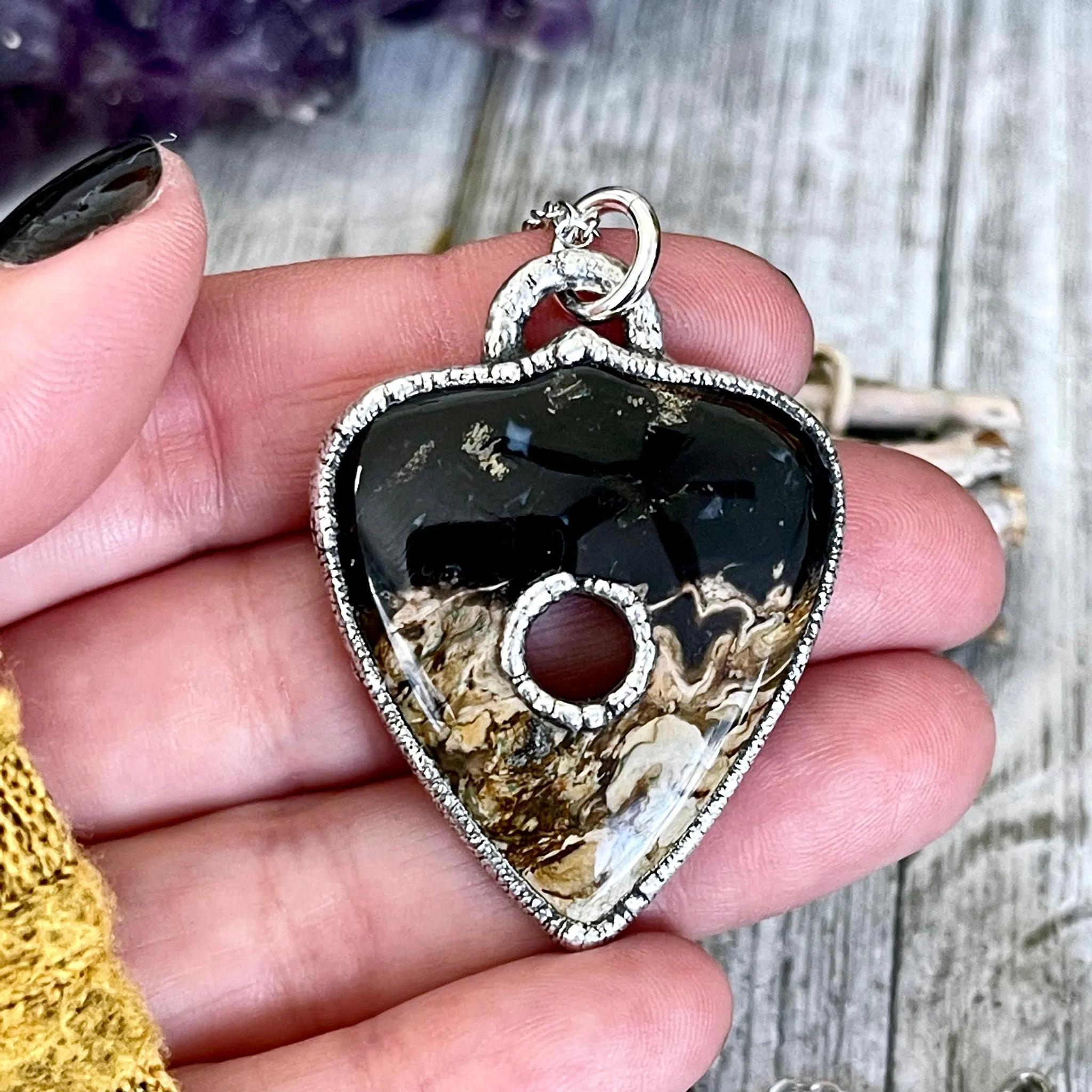 Fossilized Palm Root Ouija Planchette Statement Necklace in Fine Silver  / Foxlark Collection - One of a Kind