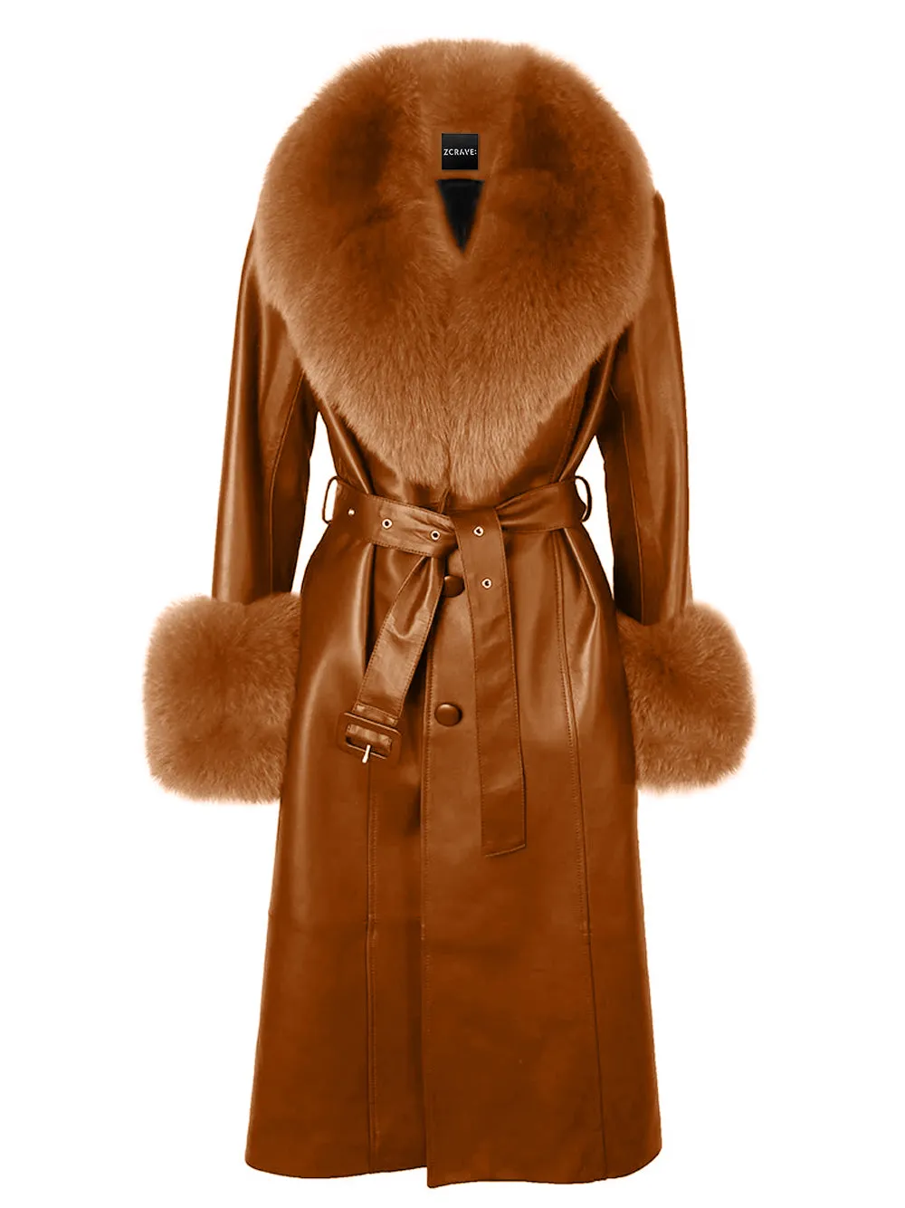 Foxy Leather Coat w/ Fox Fur In Brown