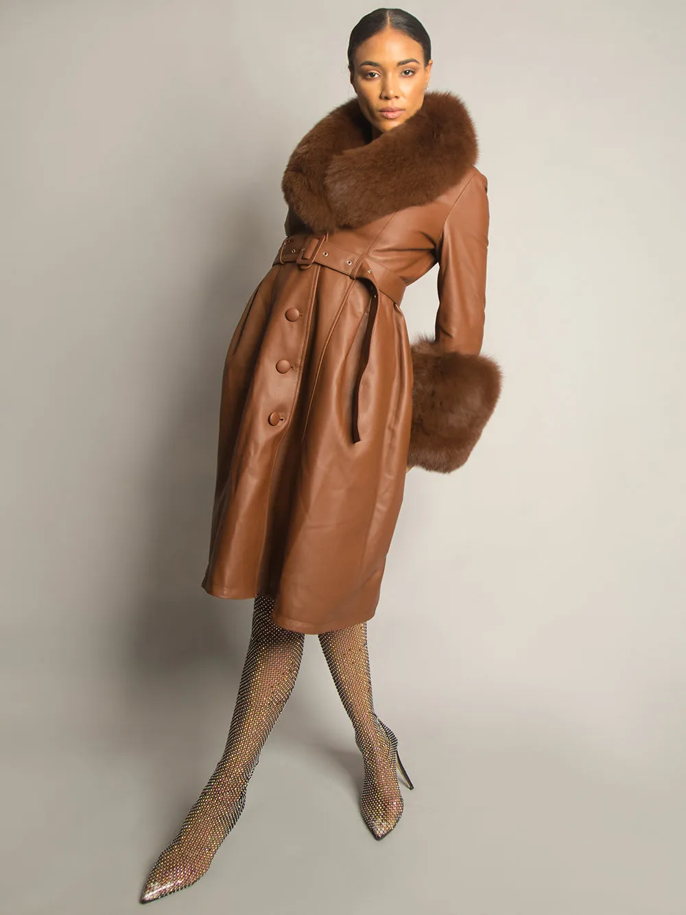 Foxy Leather Coat w/ Fox Fur In Brown