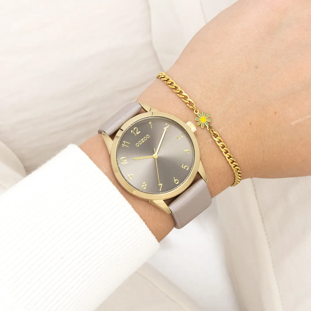 Gold coloured OOZOO watch with taupe leather strap - C11328