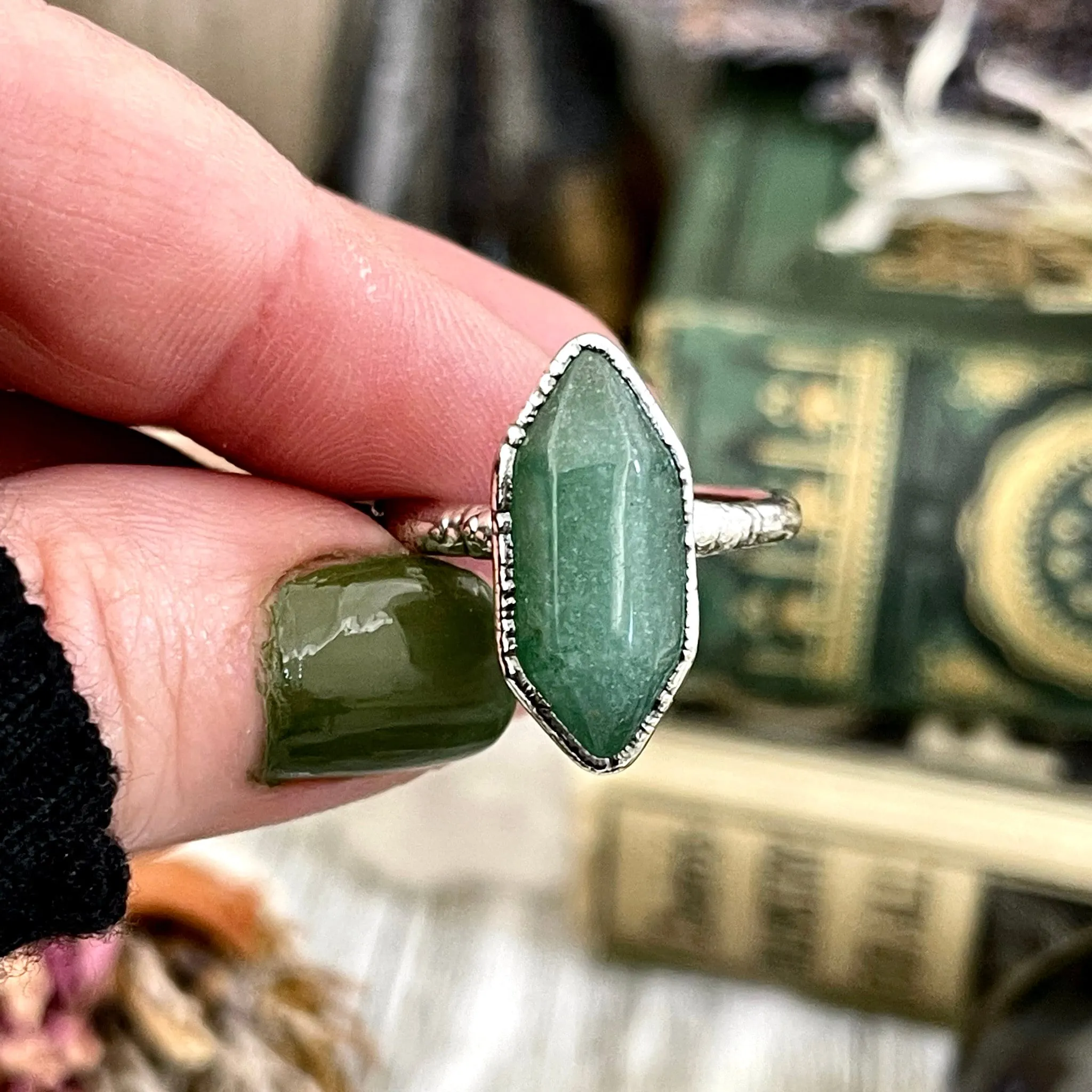 Green Aventurine Point Ring in Fine Silver Size 6 7 8 9 10 Foxlark Collection /