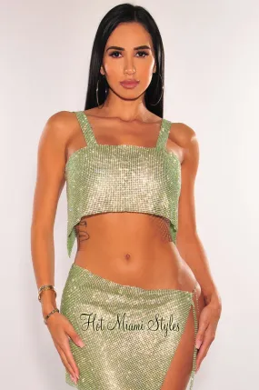 Green Rhinestone Mesh Chain Crop Top