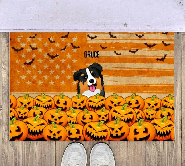 Halloween Dog Pumpkin Personalized Doormat - Dogs and Names can be customized