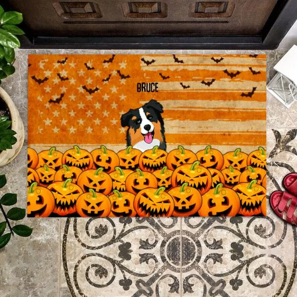 Halloween Dog Pumpkin Personalized Doormat - Dogs and Names can be customized