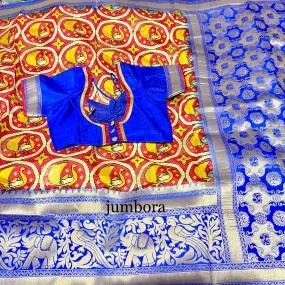 Kalamkari Style Red & Blue Banarasi Jute Silk Saree with stitched blouse