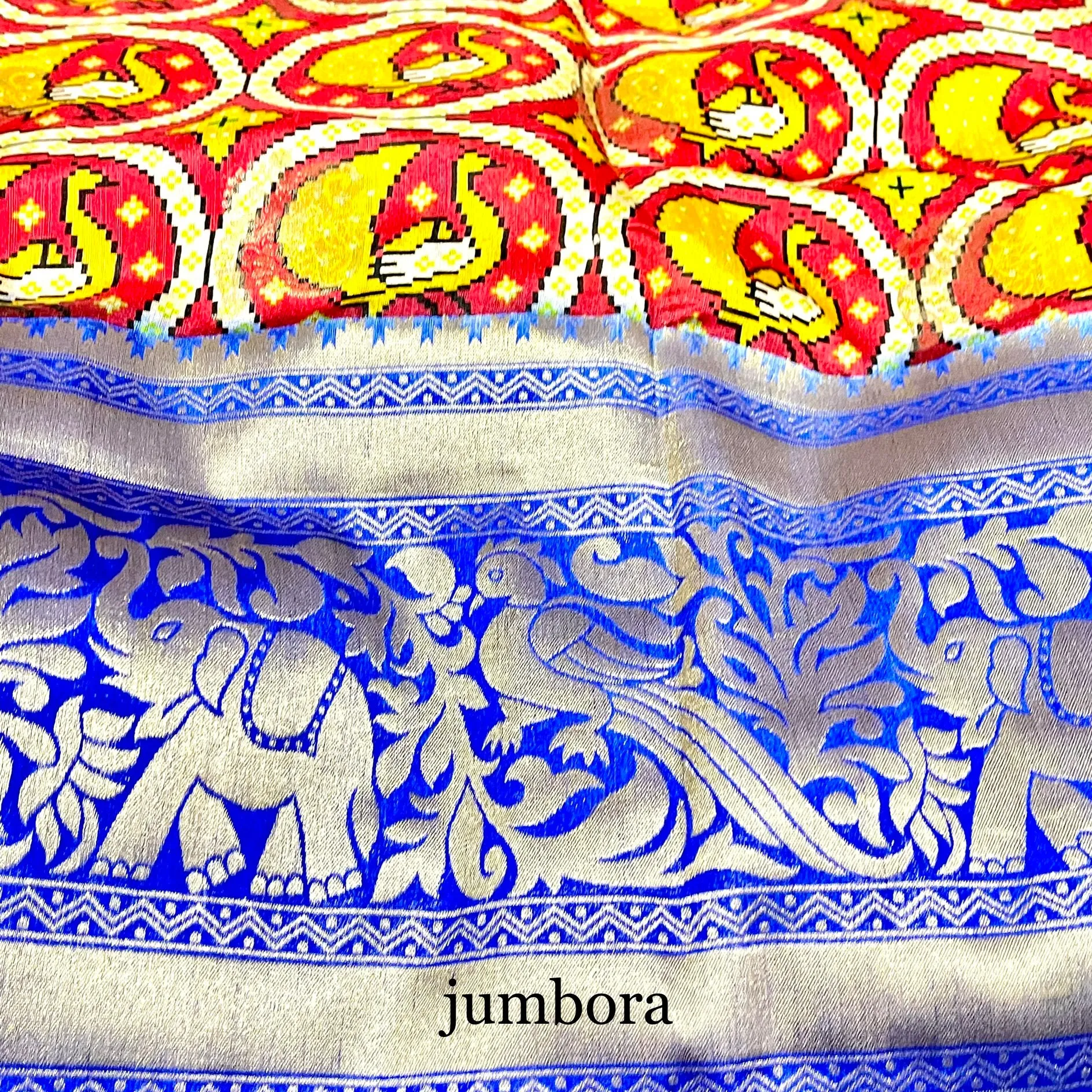 Kalamkari Style Red & Blue Banarasi Jute Silk Saree with stitched blouse