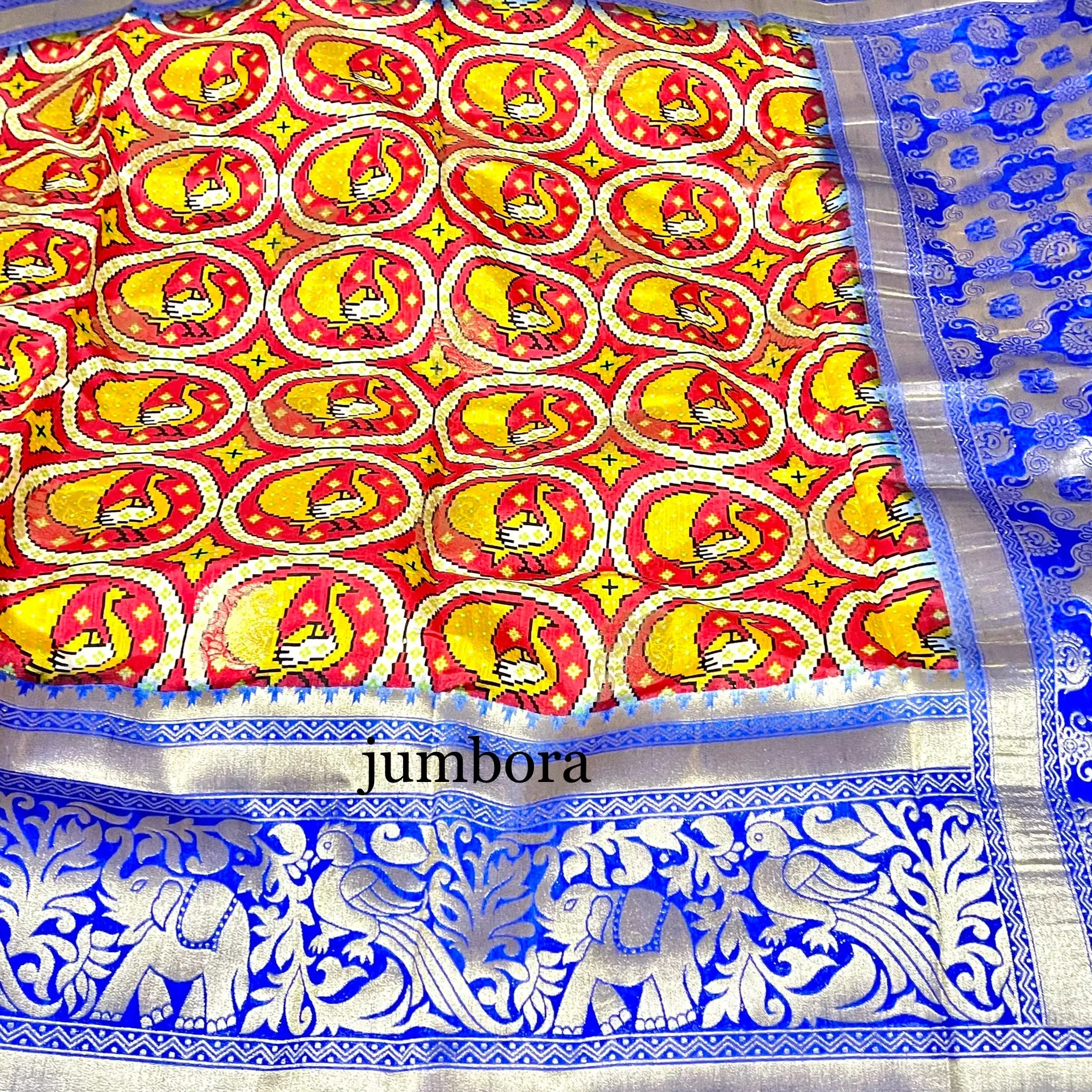 Kalamkari Style Red & Blue Banarasi Jute Silk Saree with stitched blouse