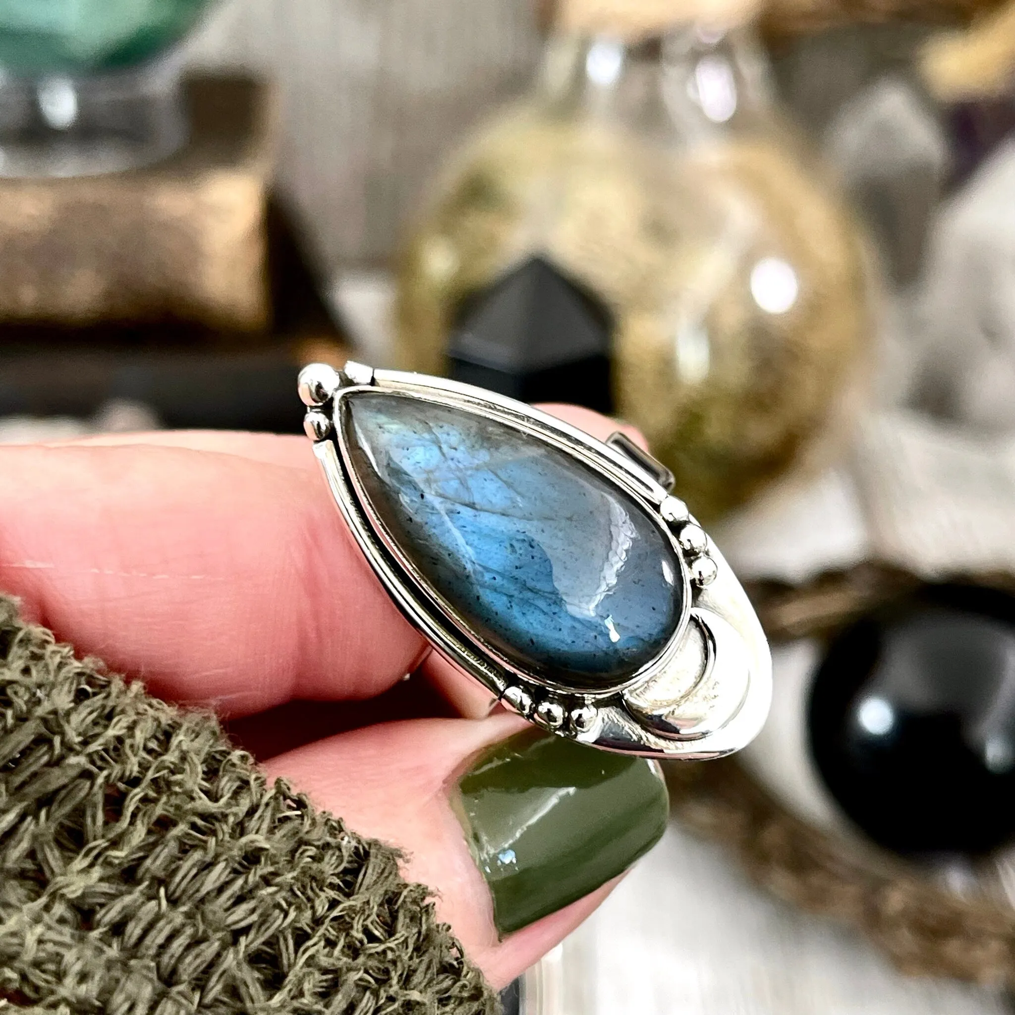 Labradorite Crystal Ring in Sterling Silver Midnight Moon Ring / Designed by FOXLARK - Adjustable to Size 6 7 8 9