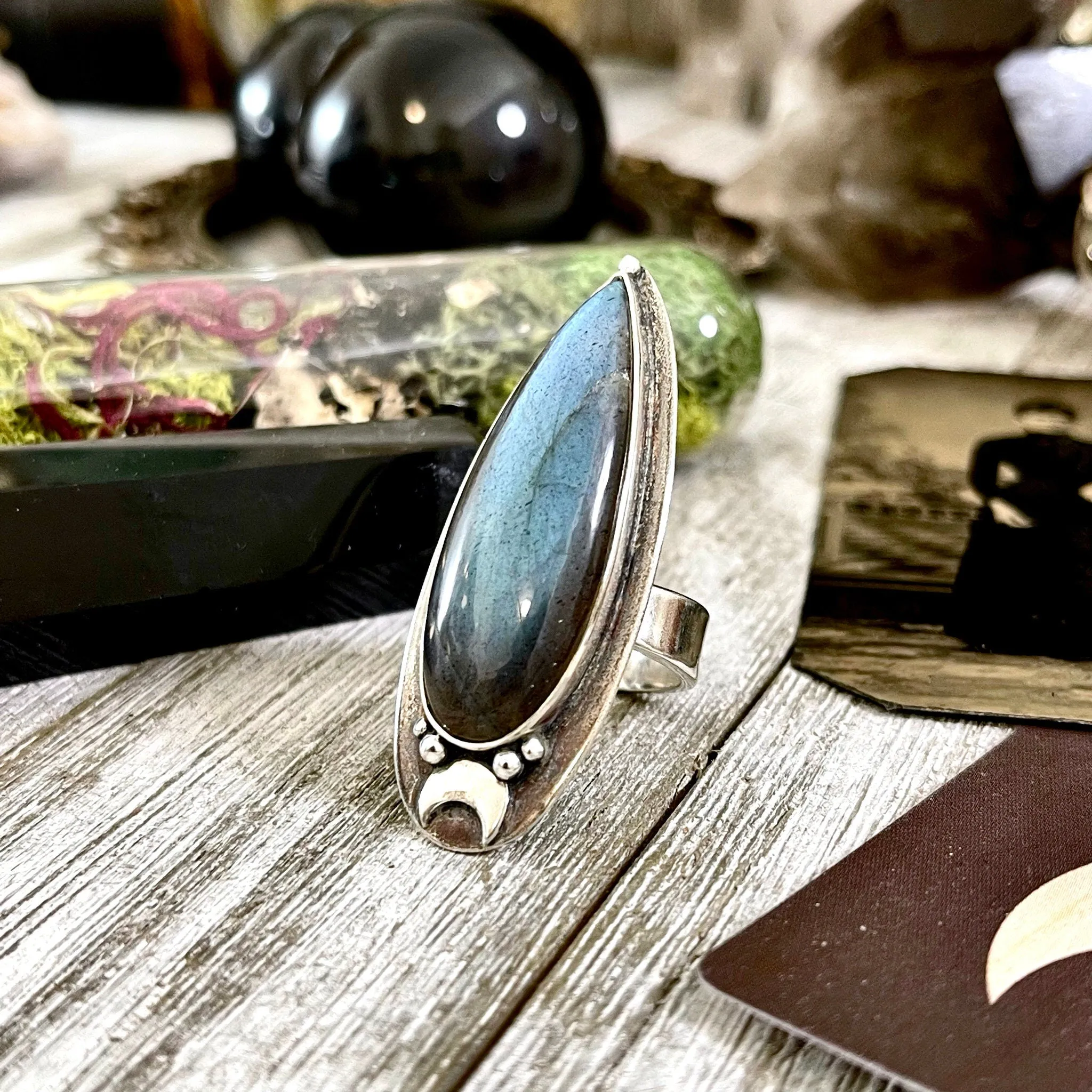 Labradorite Ring Magic Moon Blue Crystal Ring / Designed by FOXLARK Adjustable Size 6 7 8 9 10