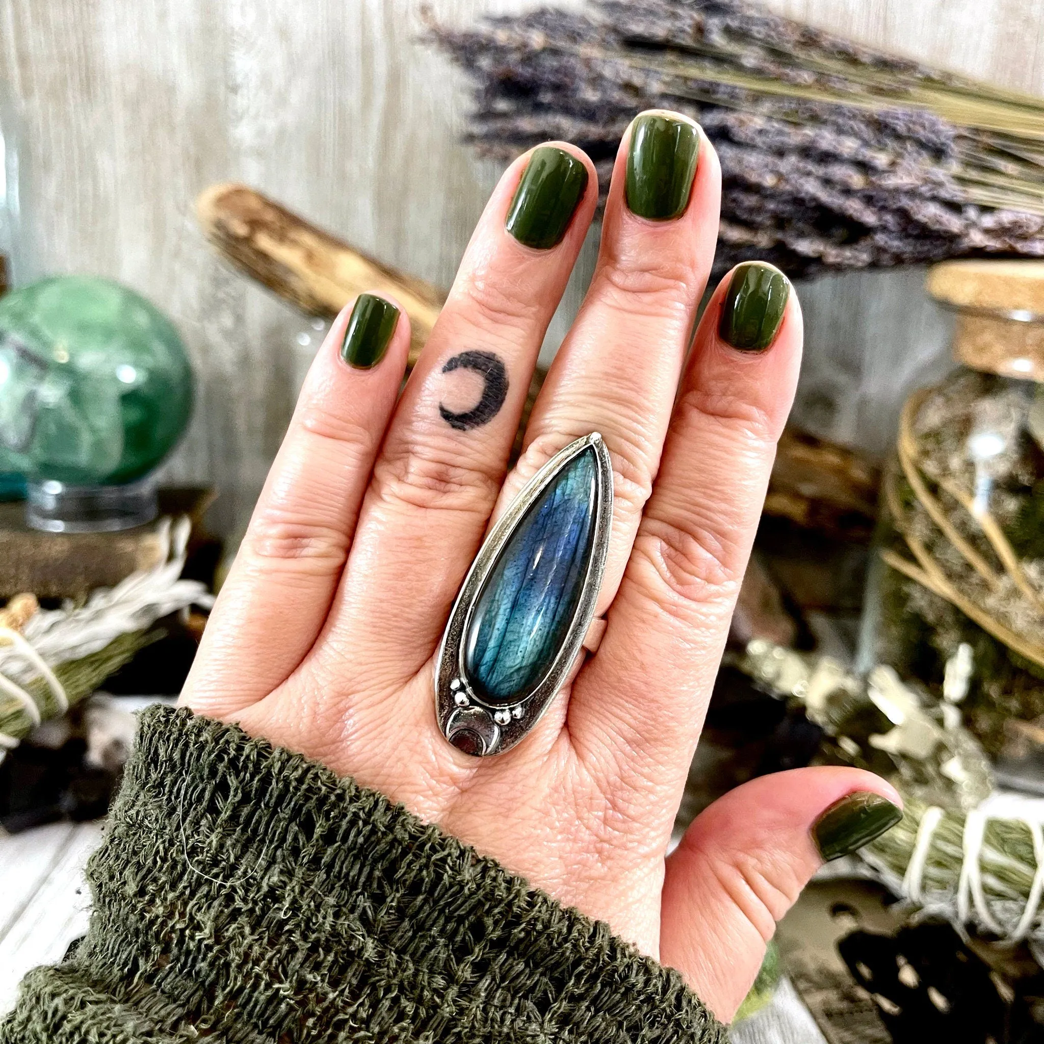 Labradorite Ring Magic Moon Blue Crystal Ring / Designed by FOXLARK Adjustable Size 6 7 8 9 10