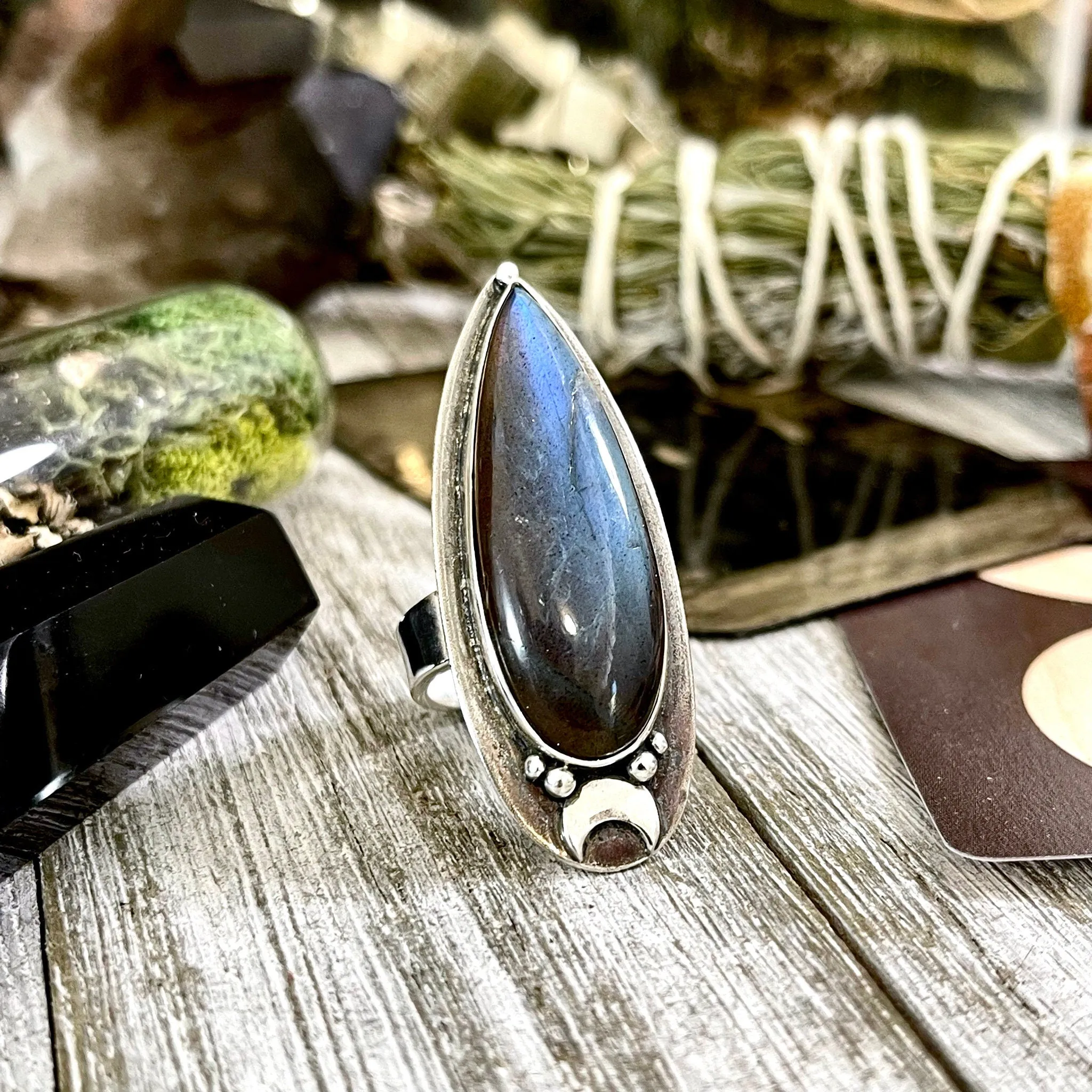 Labradorite Ring Magic Moon Blue Crystal Ring / Designed by FOXLARK Adjustable Size 6 7 8 9 10