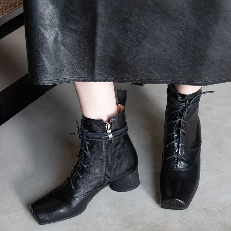 Lace-up Leather Ankle Boots Slimming Boots Elegant Glove-Like Retro Boots Block Heel