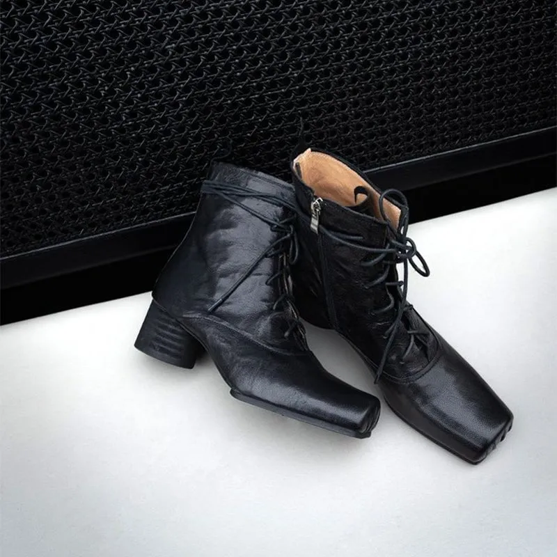 Lace-up Leather Ankle Boots Slimming Boots Elegant Glove-Like Retro Boots Block Heel