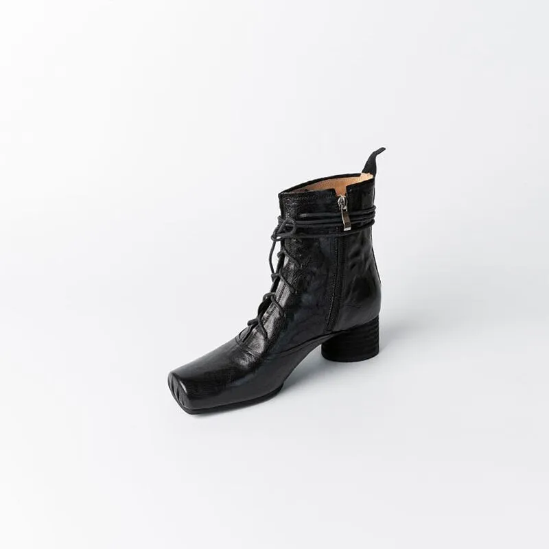 Lace-up Leather Ankle Boots Slimming Boots Elegant Glove-Like Retro Boots Block Heel