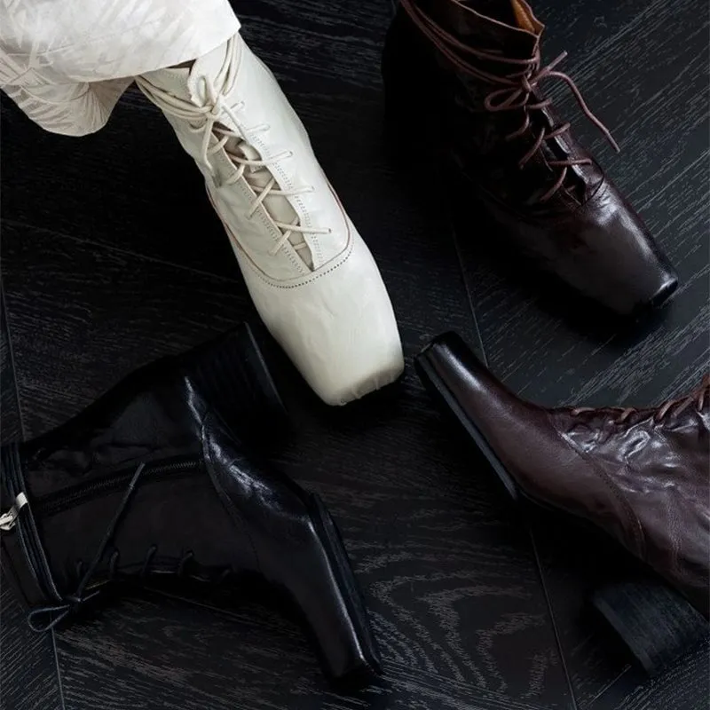 Lace-up Leather Ankle Boots Slimming Boots Elegant Glove-Like Retro Boots Block Heel